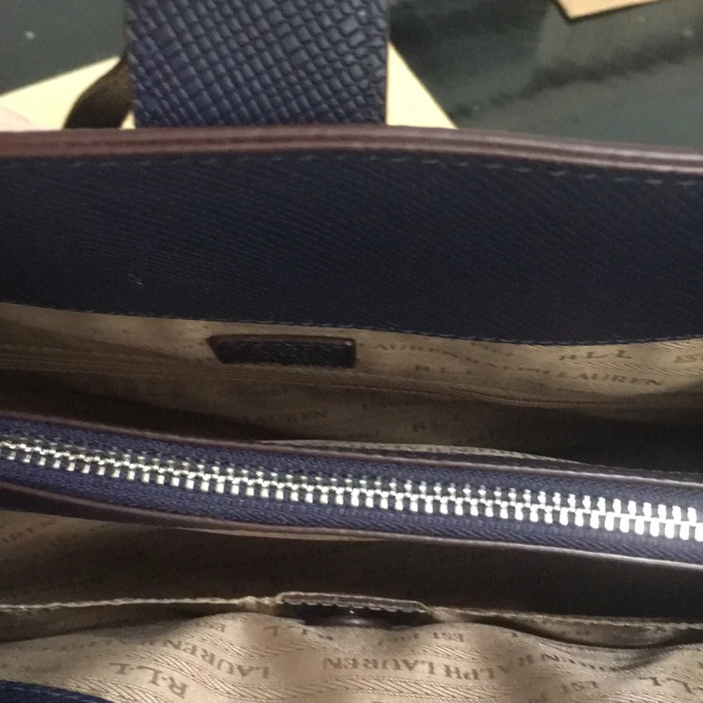 Ralph Lauren Navy Blue Leather Satchel with Silver Hardware. Comes with scarf - Picture 2 of 10